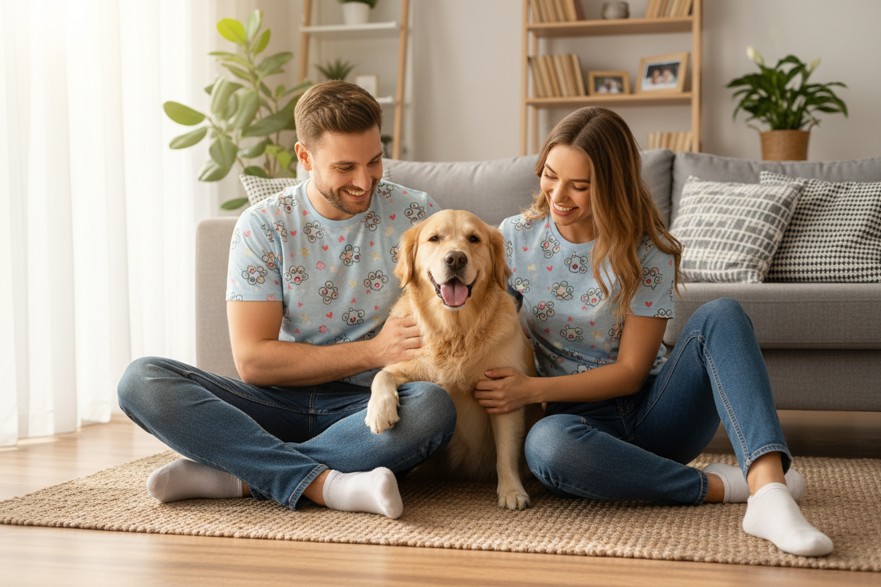 a man, a woan and a dod sitting together in the same print of t shidt looking like a happy family